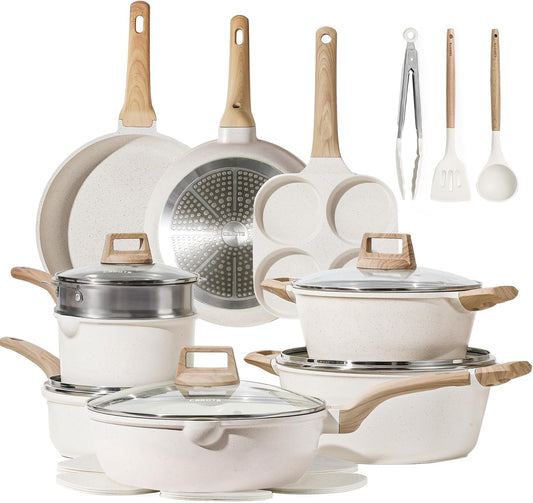 21Pcs Pots and Pans Set, Nonstick Cookware Sets, White Granite Induction Cookware Non Stick Cooking Set w/Frying Pans & Saucepans(PFOS, PFOA Free)