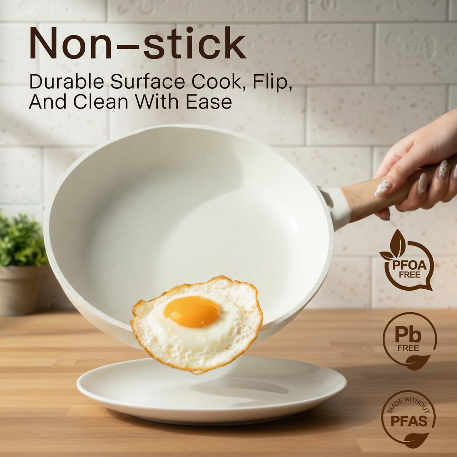 Pots and Pans Set Non Stick Non-Toxic 22 Pcs Ceramic Cookware Sets Nonstick Kitchen Pot&Pan With Lid Cream White Granite Induction Compatible with Glass Lids Crepe Frying Pan PFOA/PFOS-Free - Image 3