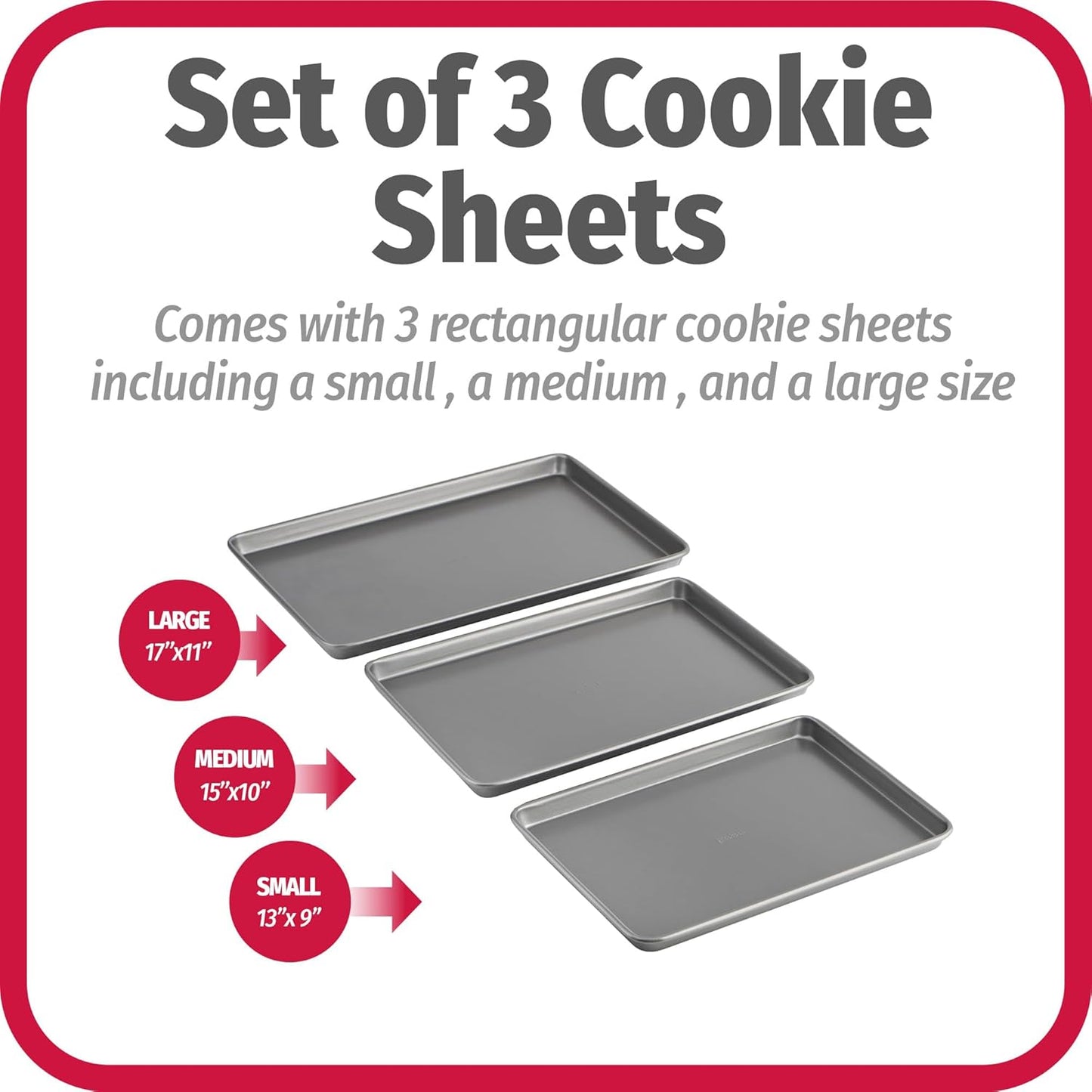 Everyday Nonstick Baking Sheet Set, 3 Pack Includes One Small, Medium & Large Pan Carbon Steel Construction Cookie Sheet Bakeware Set, Gray - Image 2