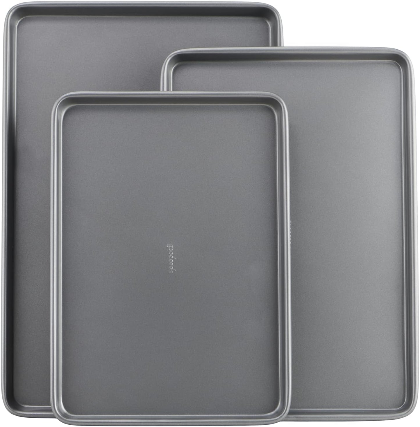 Everyday Nonstick Baking Sheet Set, 3 Pack Includes One Small, Medium & Large Pan Carbon Steel Construction Cookie Sheet Bakeware Set, Gray