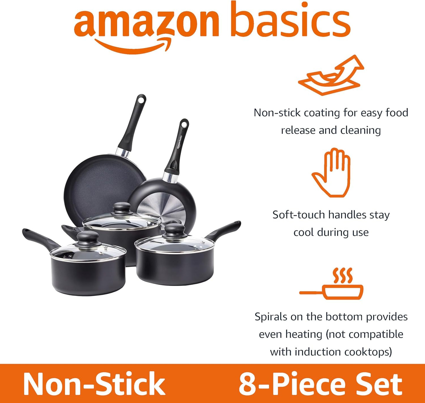 Non-Stick Kitchen Cookware 8-Piece Set, Non-Induction, Includes Pots and Pans, Black - Image 2