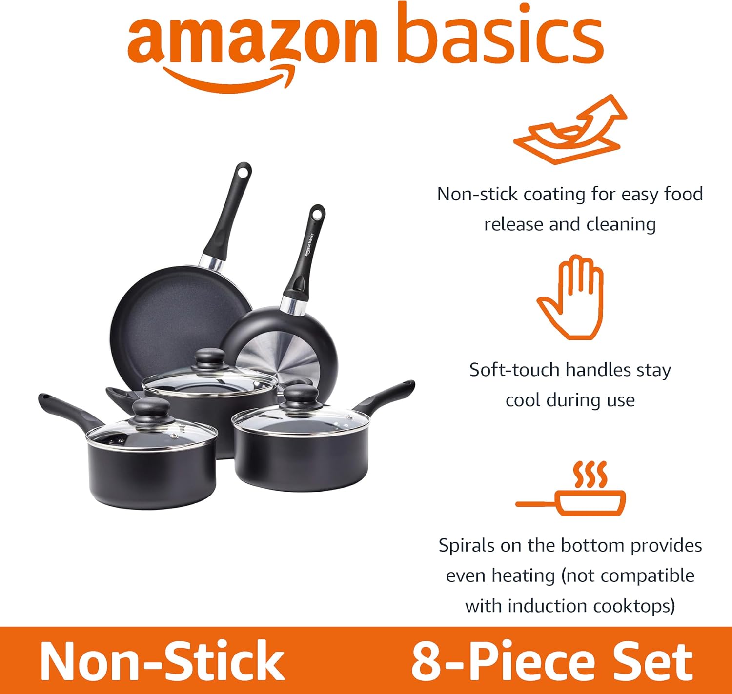 Non-Stick Kitchen Cookware 8-Piece Set, Non-Induction, Includes Pots and Pans, Black - Image 2