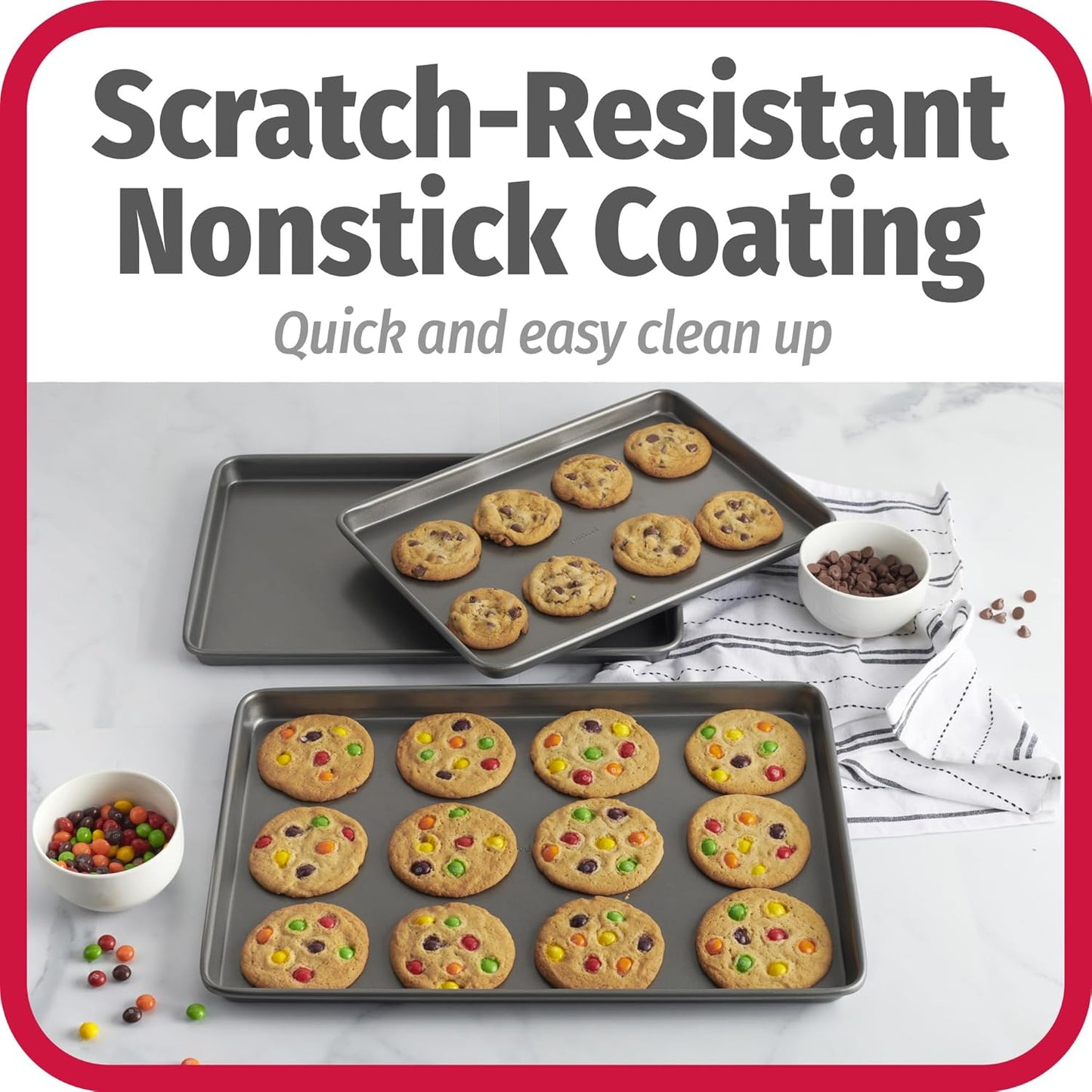 Everyday Nonstick Baking Sheet Set, 3 Pack Includes One Small, Medium & Large Pan Carbon Steel Construction Cookie Sheet Bakeware Set, Gray - Image 4