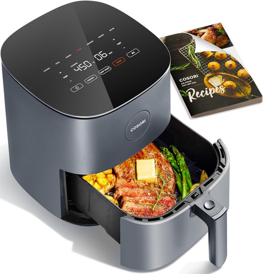 Air Fryer Pro, Compact 5QT, Ceramic Coating, 7 Presets with Preheat & Keep Warm, 450℉, Easy to use & clean, Shake Reminder, 130+ In-App Recipes, Nonstick & Dishwasher-Safe Basket, Gray