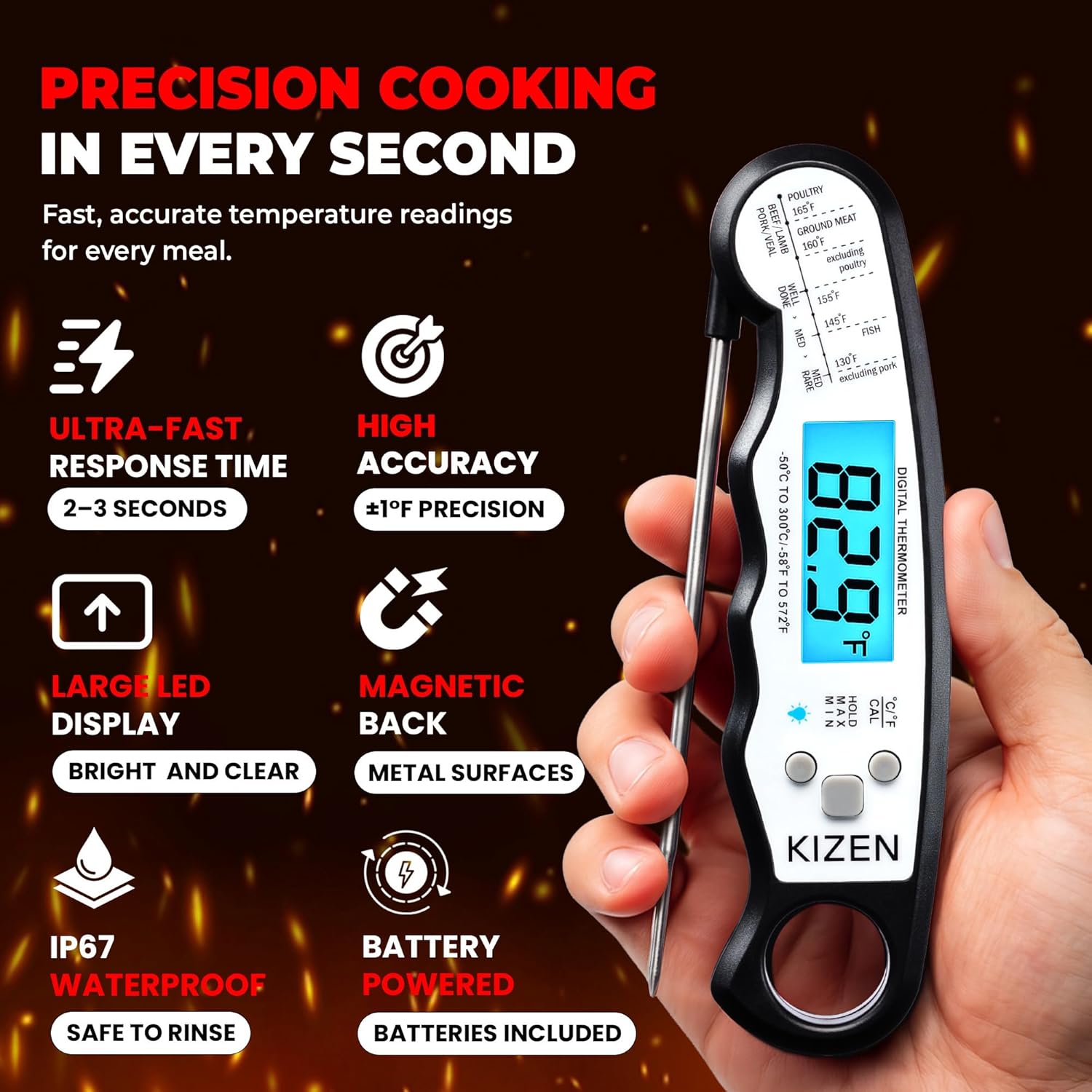 Instant Read Meat Thermometer Digital - Food Thermometer for Cooking, Grill, Oven, BBQ - IP67 Rated Waterproof - Large Backlit Display and Magnetic Back - Image 2